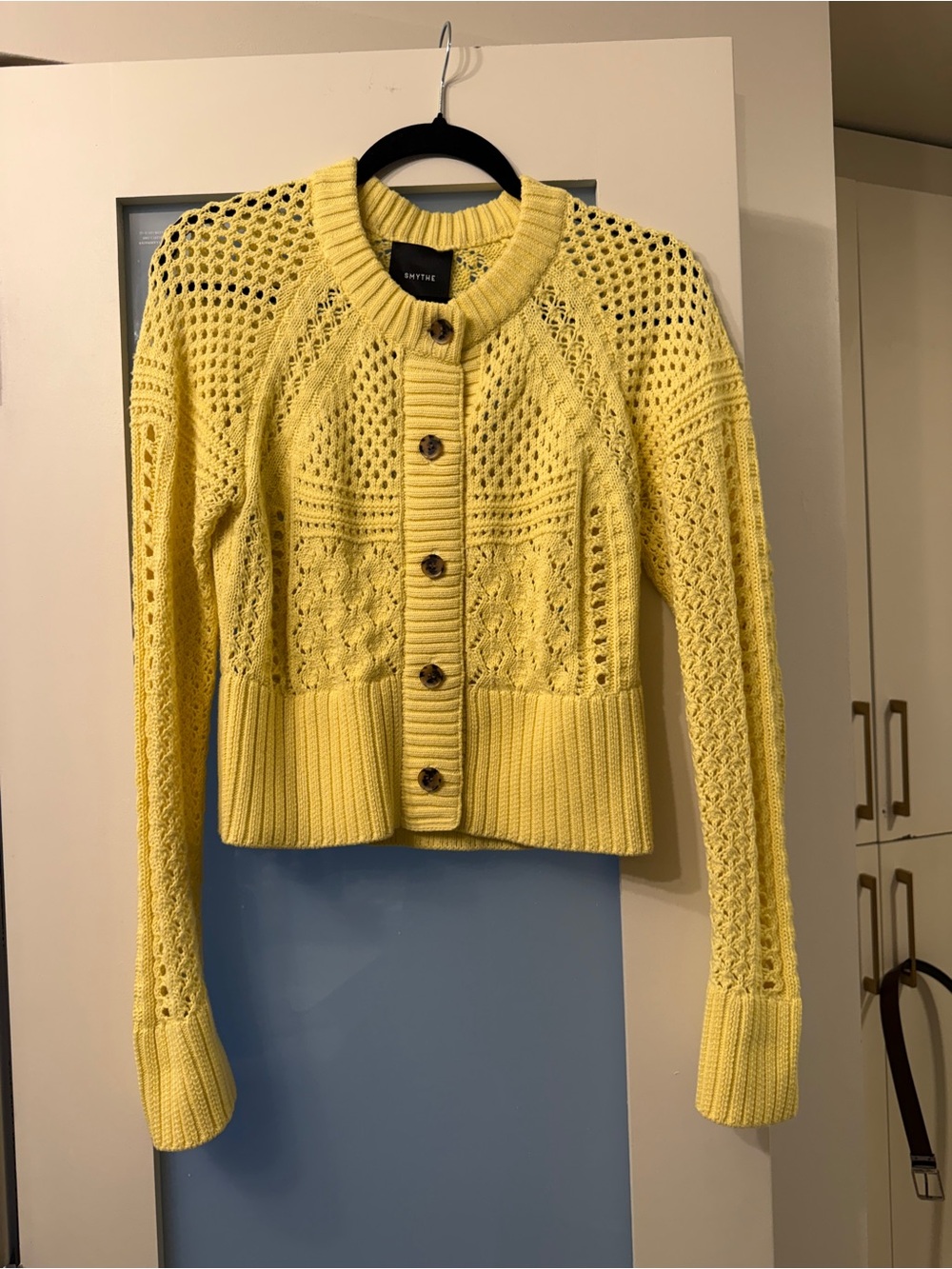 Smythe Bright Yellow Openwork Knit Button-Front Cardigan